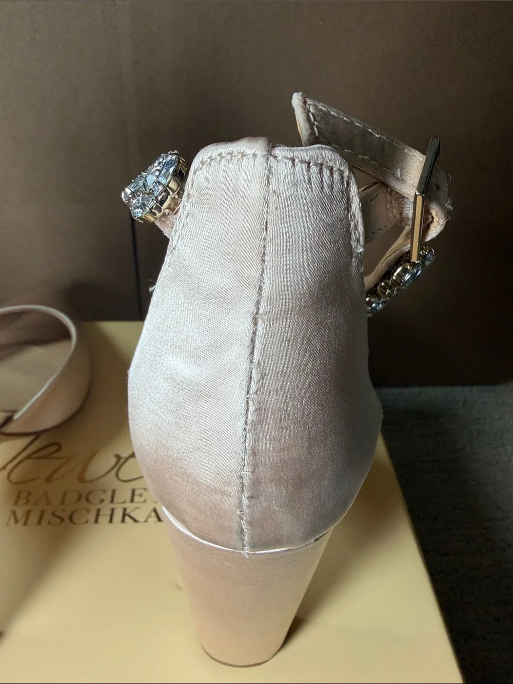 Jewel Badgley Mischka Blush Pink Satin Crystal-Ankle Heels 4 inch